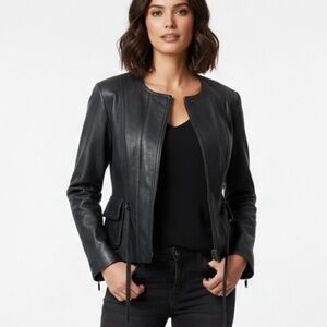 Sandra Angelozzi Genuine Leather Fitted Bluish Black Jacket Womens Size S